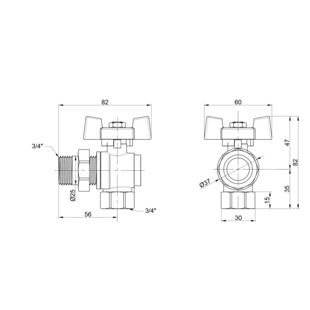 Кран кульовий "Американка" Thermo Alliance Standart 3/4" ВЗ кутовий, латунь, PN40, метелик SD222NW20PN40