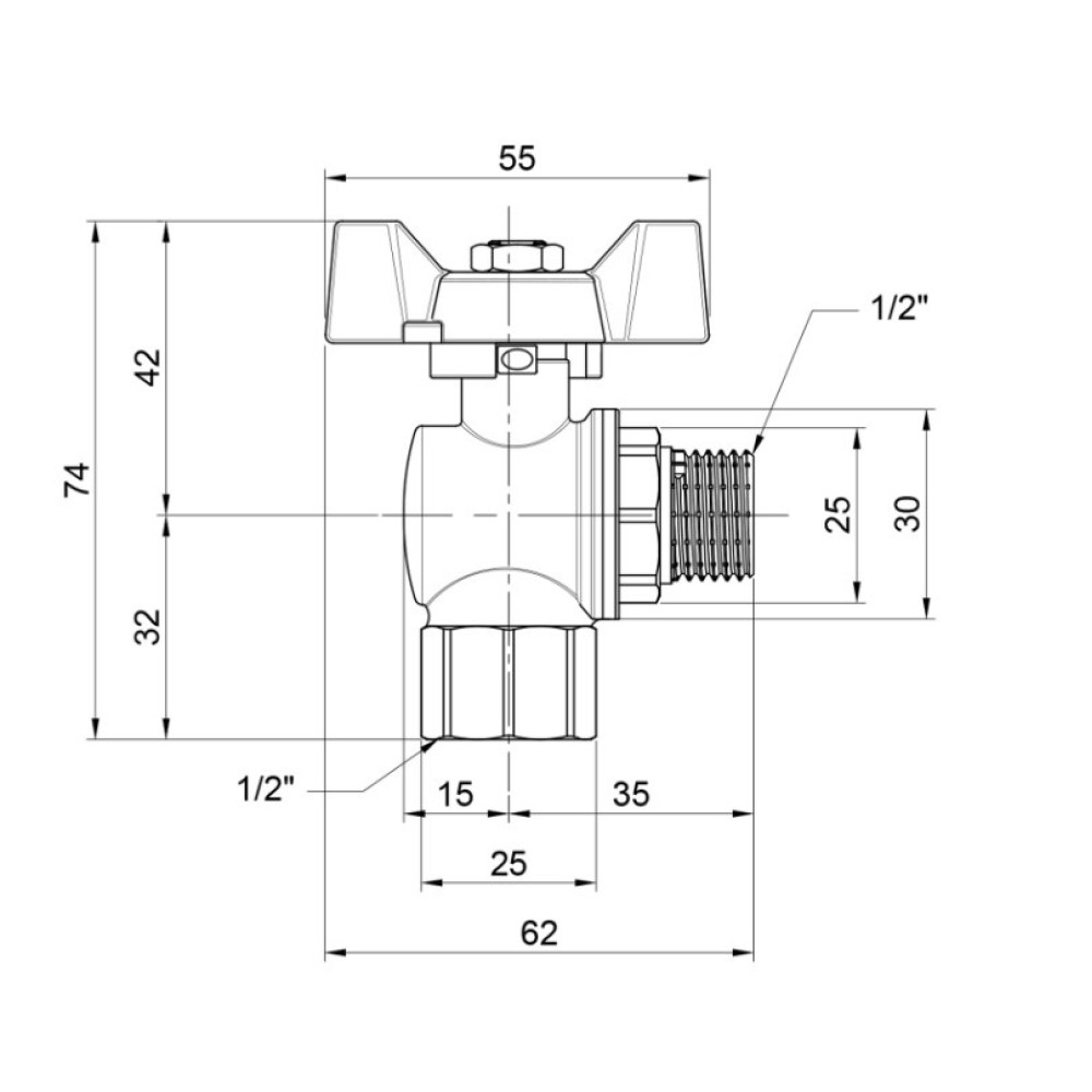 Кран кульовий Thermo Alliance Forte 1/2" ВЗ кутовий, PN40, метелик SF267W15