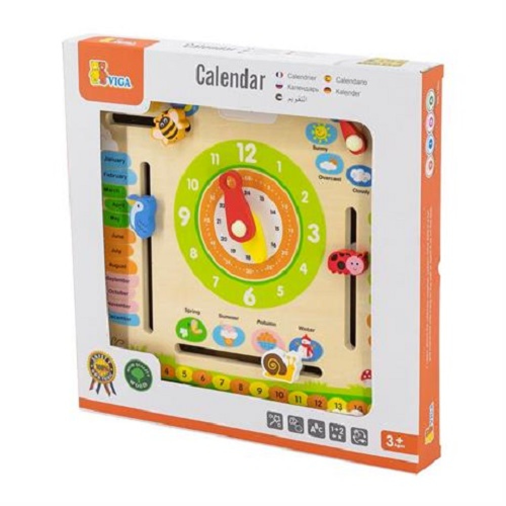Дерев'яний календар Viga Toys з годинником, англійською мовою (44538)