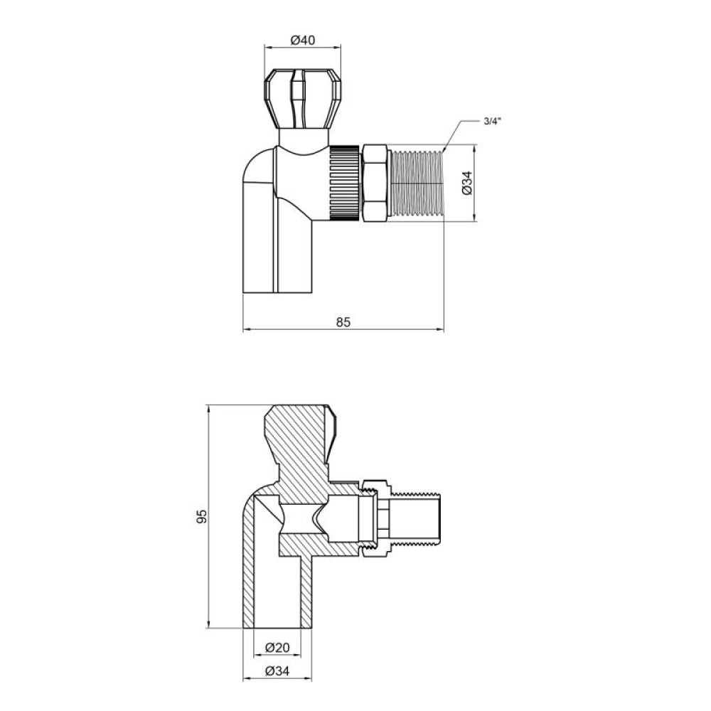 Кран кульовий радіаторний PPR Alfa Plast 25х3/4" кутовий APARBB2534X