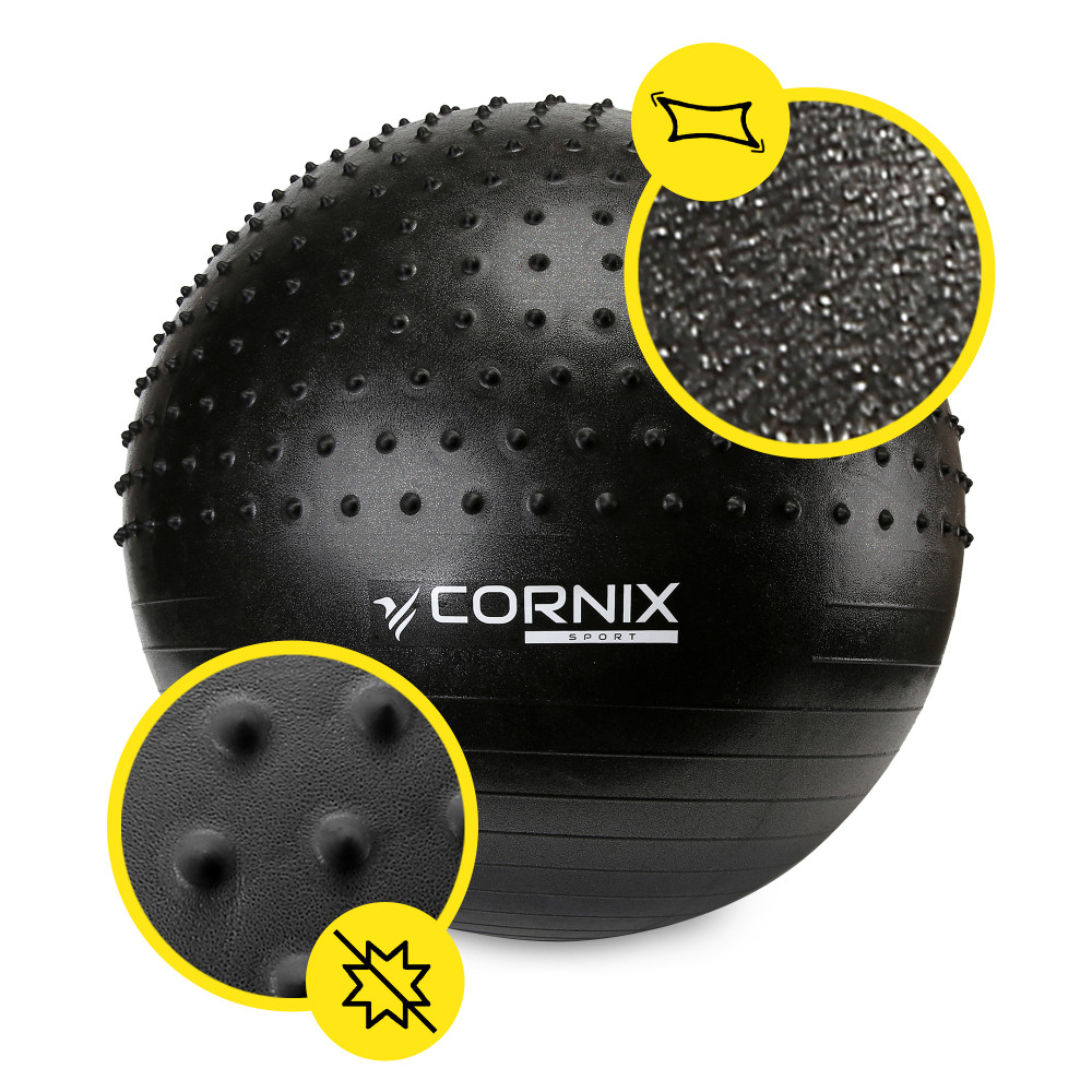 М'яч для фітнесу (фітбол) Cornix 55 см напівмасажний Anti-Burst Black XR-0458