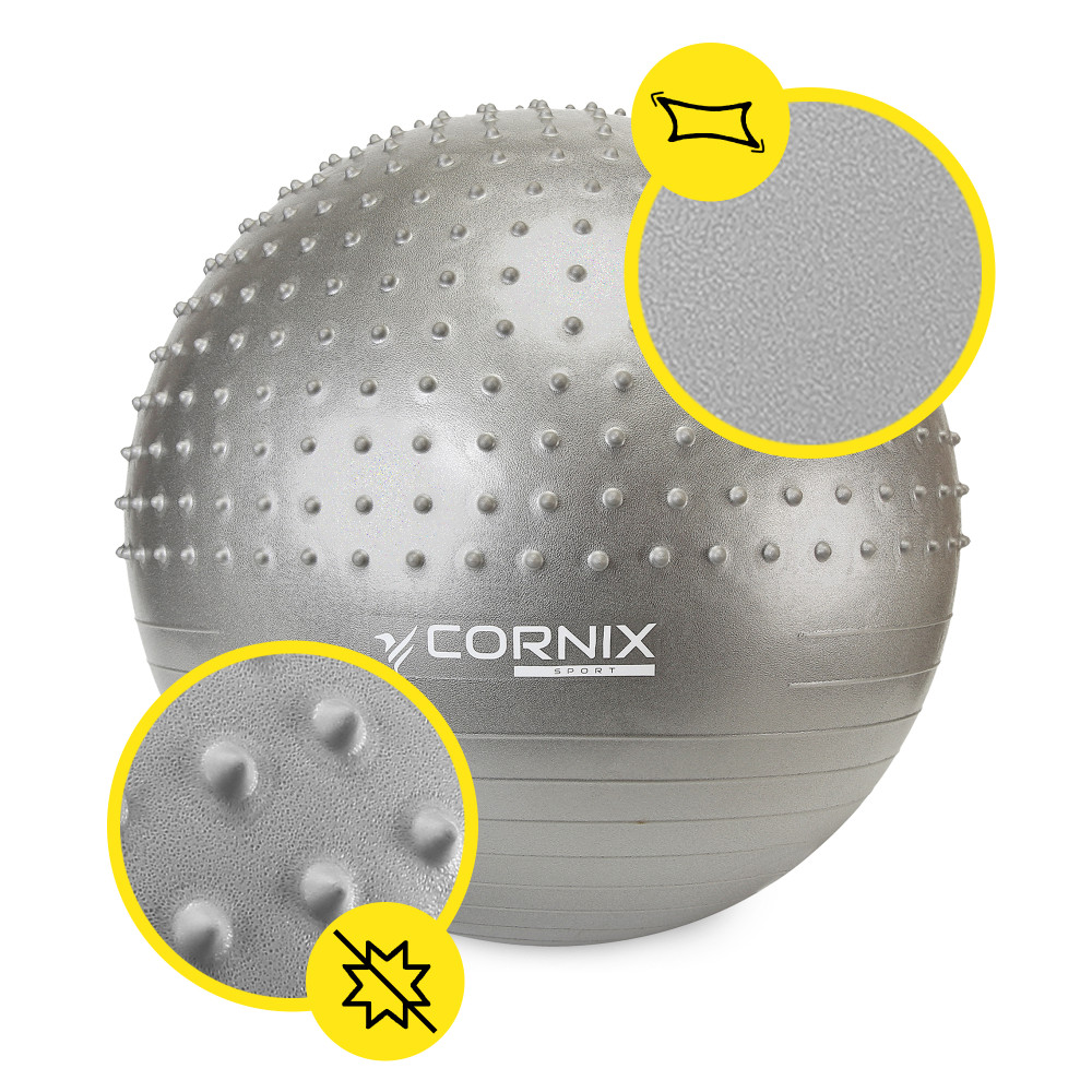 М'яч для фітнесу (фітбол) Cornix 65 см напівмасажний Anti-Burst Silver XR-0479