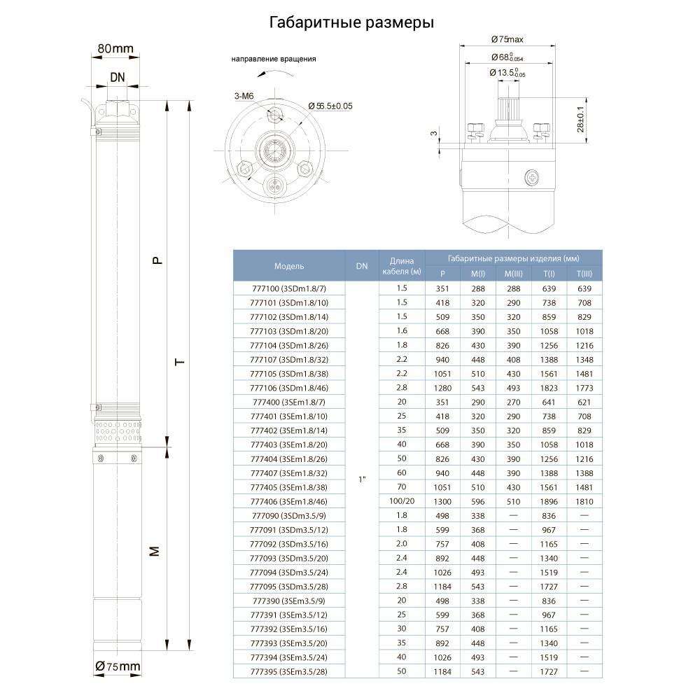 Насос центробежный скважинный DONGYIN 3SEm1.8/46 1.5кВт H 197(142)м Q 45(30)л/мин Ø75мм 100м кабеля (777406)