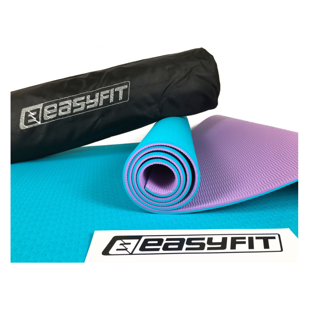 Килимок для йоги та фітнесу EasyFit TPE+TC 6 мм двошаровий + Чохол м'ятний з фіолетовим (EF-1924E-MV)