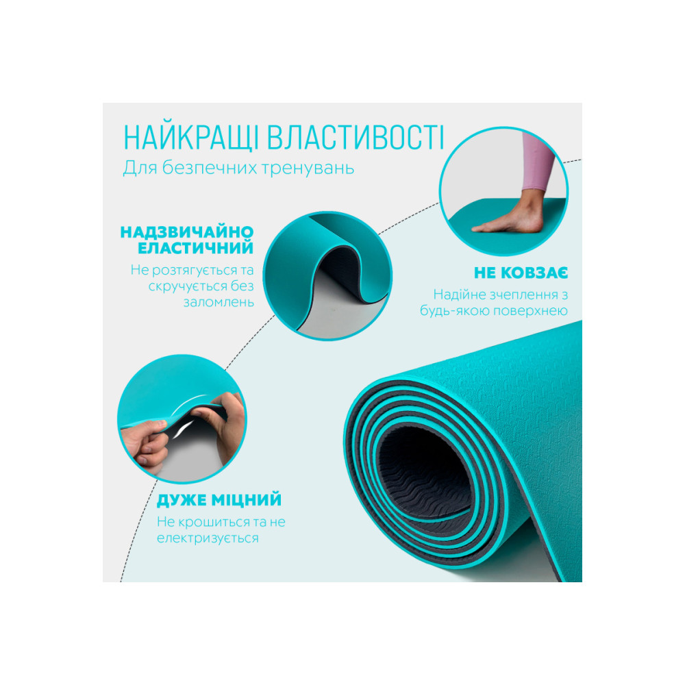 Килимок для йоги та фітнесу EasyFit TPE+TC 6 мм двошаровий + Чохол м'ятний-чорний (EF-1924s-MTB)