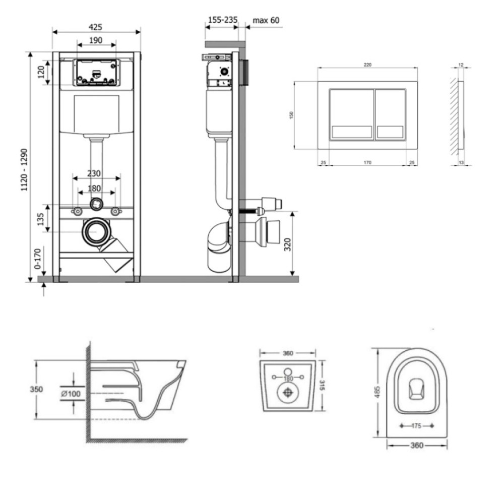 Набір Qtap Nest 4 в 1 підвісний унітаз Jay Ultra Quiet 485x360x320 + комплект інсталяції QT07335177W45135