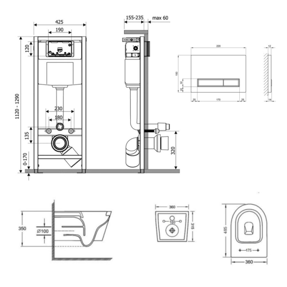 Набір Qtap Nest 4 в 1 підвісний унітаз Jay Ultra Quiet 485x360x320 + комплект інсталяції QT07335177W45140
