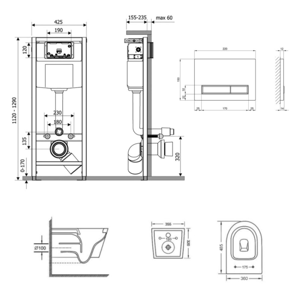 Набор Qtap Nest 4 в 1 подвесной унитаз Swan Ultra Quiet 485x360x320 + комплект установки QT16335179W45153