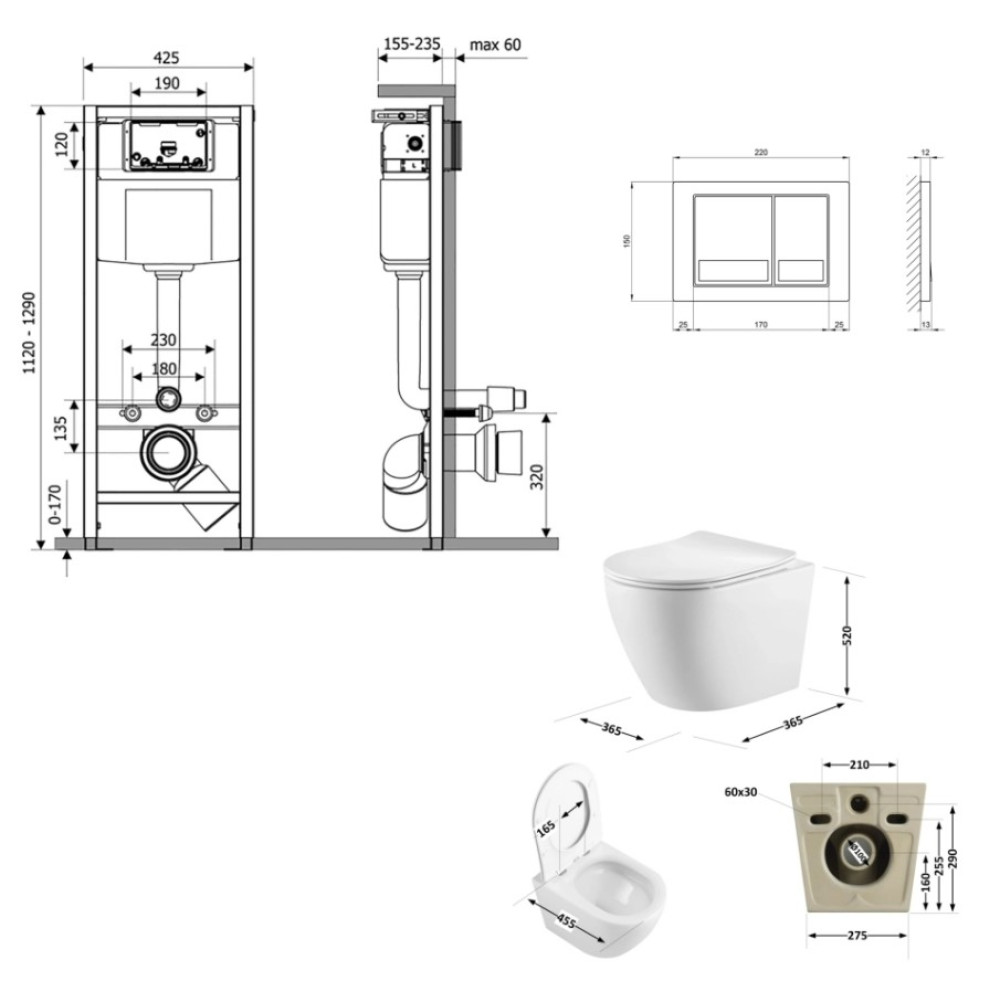 Набор Qtap Nest 4 в 1 подвесной унитаз Robin 520x365x365 + комплект инсталляции QT13332381AW47498