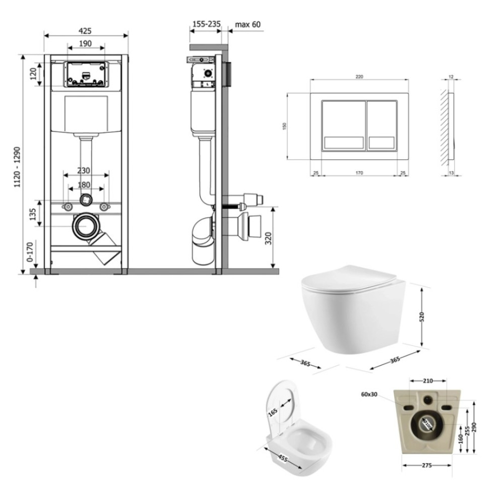 Набор Qtap Nest 4 в 1 подвесной унитаз Robin Ultra Quiet 520x365x365 + комплект установки QT13332381AW47499