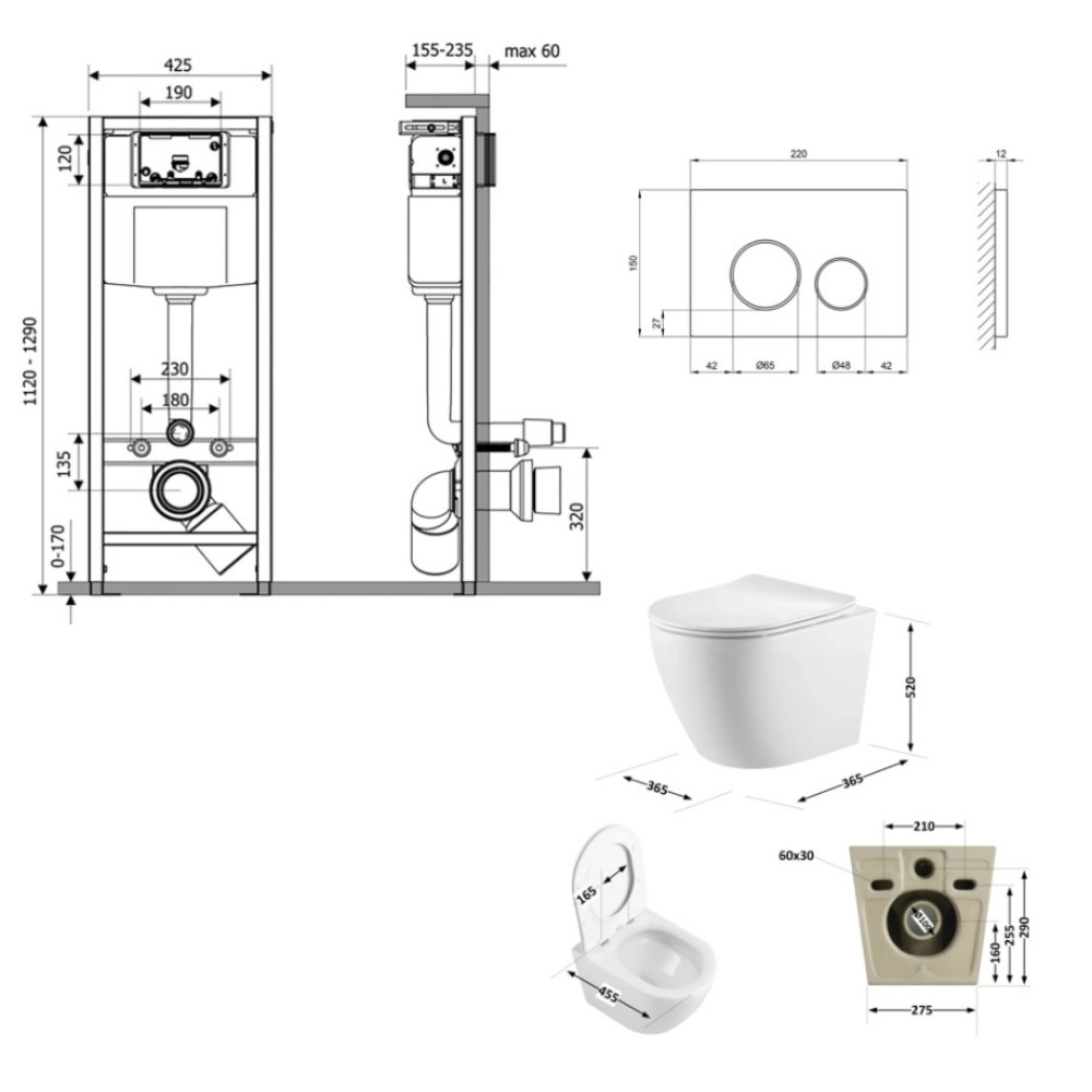 Набор Qtap Nest 4 в 1 подвесной унитаз Robin Ultra Quiet 520x365x365 + комплект инсталляции QT13332381AW47500