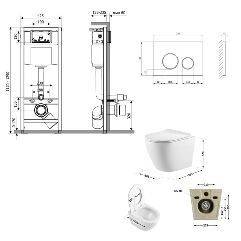 Набор Qtap Nest 4 в 1 подвесной унитаз Robin Ultra Quiet 520x365x365 + комплект инсталляции QT13332381AW47502