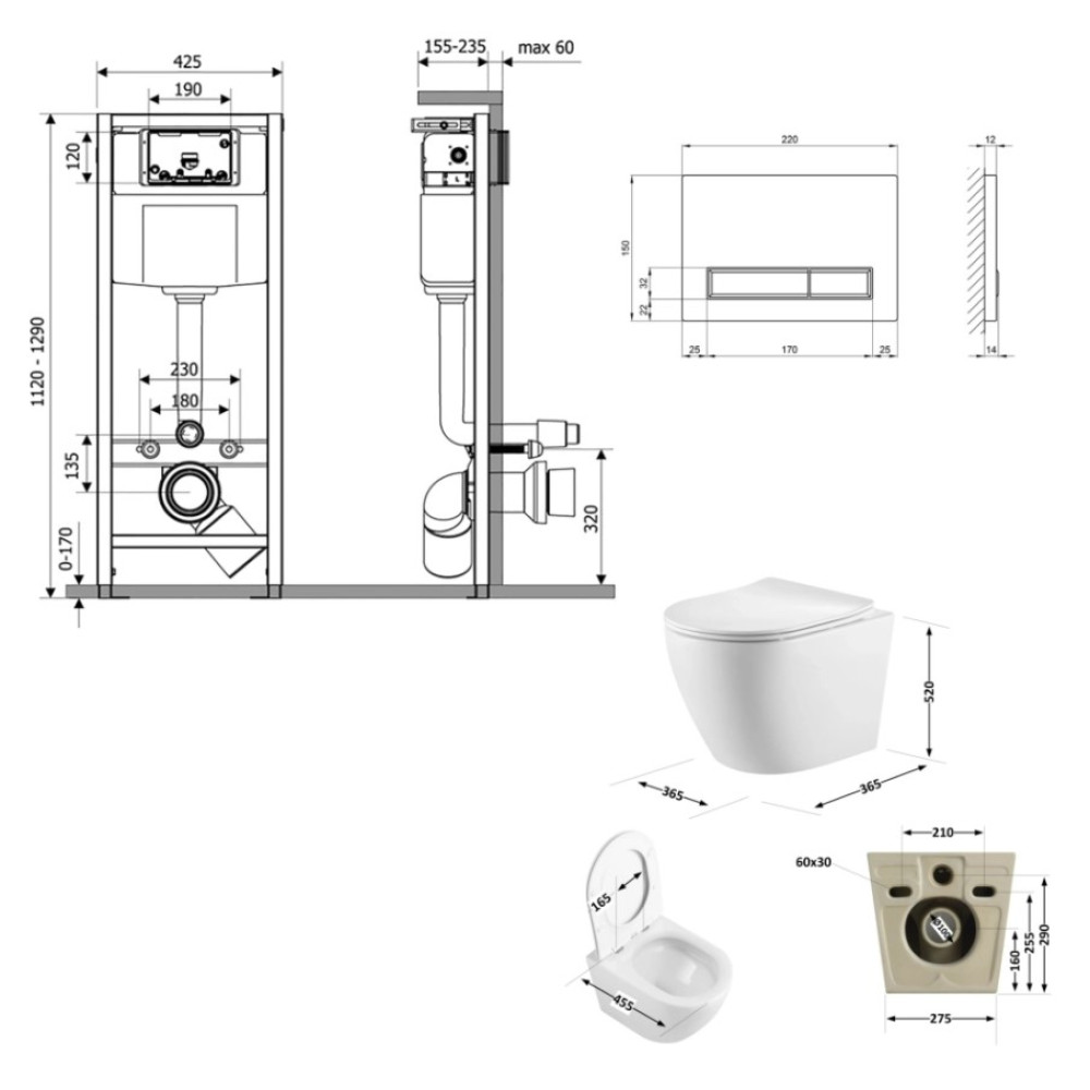 Набор Qtap Nest 4 в 1 подвесной унитаз Robin Ultra Quiet 520x365x365 + комплект установки QT13332381AW47503