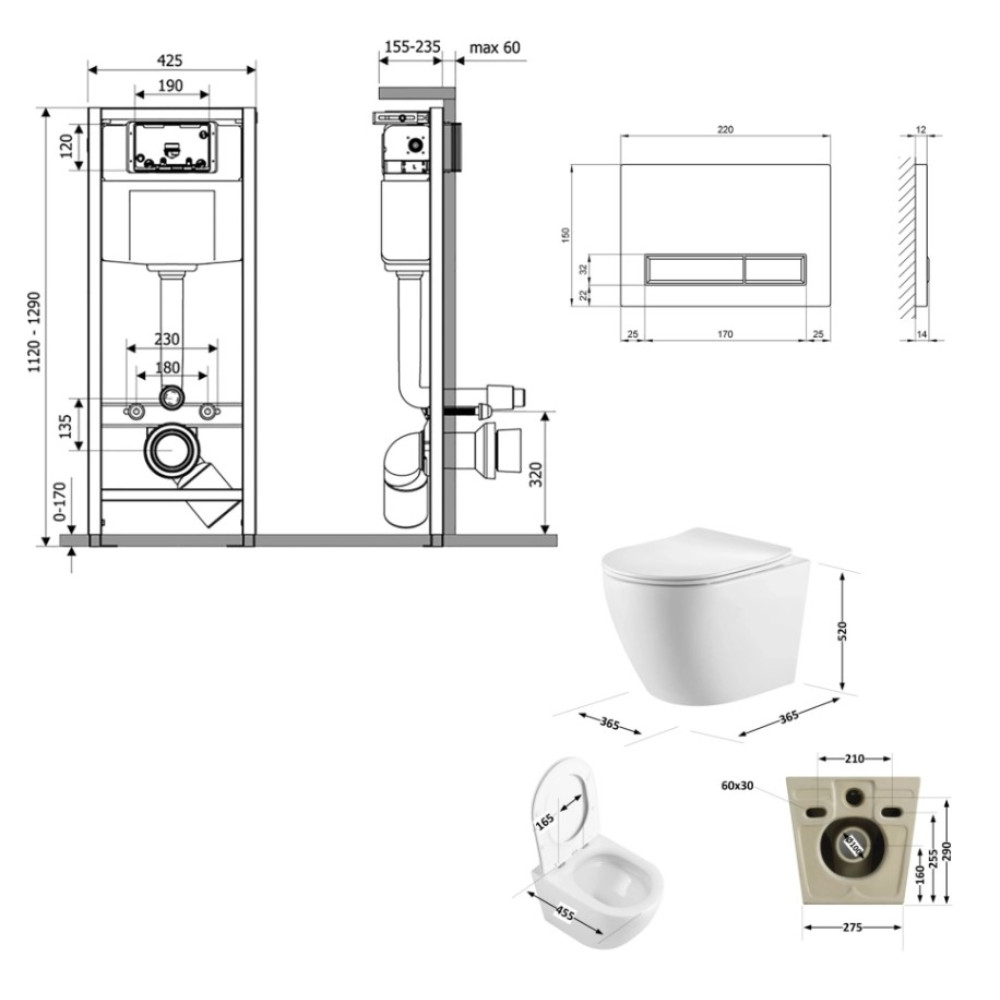 Набір Qtap Nest 4 в 1 підвісний унітаз Robin Ultra Quiet 520x365x365 + комплект інсталяції QT13332381AW47504