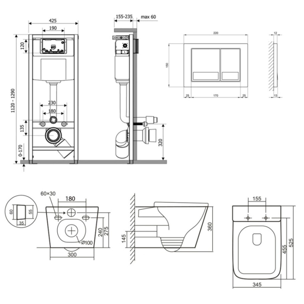 Набір Qtap Nest 4 в 1 підвісний унітаз Tern Ultra Quiet 525x345x360 + комплект інсталяції QT17332303AW47506