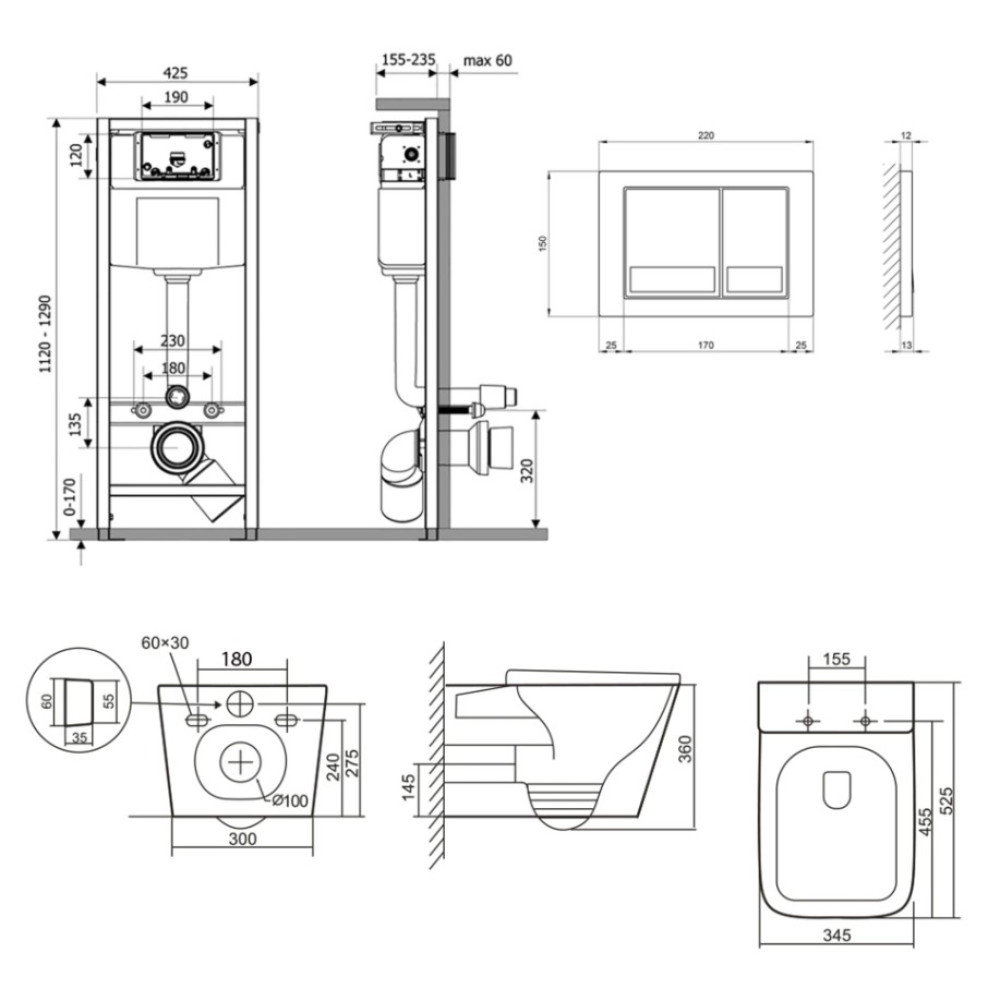 Набор Qtap Nest 4 в 1 подвесной унитаз Tern Ultra Quiet 525x345x360 + комплект установки QT17332303AW47507