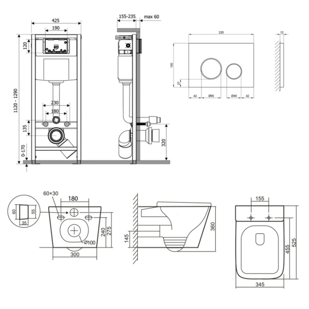 Набор Qtap Nest 4 в 1 подвесной унитаз Tern Ultra Quiet 525x345x360 + комплект установки QT17332303AW47508