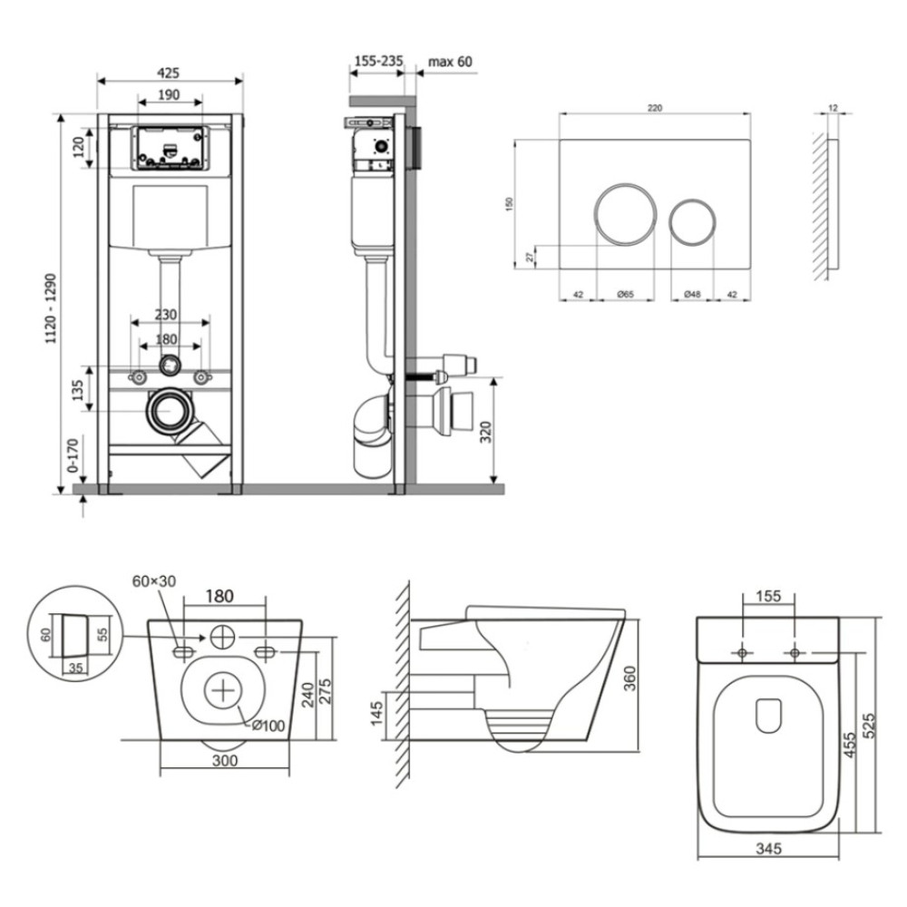 Набор Qtap Nest 4 в 1 подвесной унитаз Tern Ultra Quiet 525x345x360 + комплект установки QT17332303AW47509