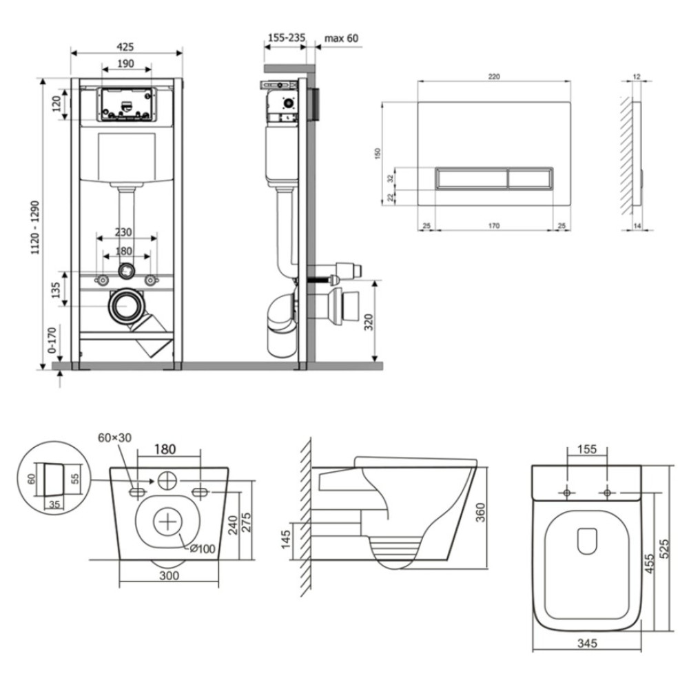 Набор Qtap Nest 4 в 1 подвесной унитаз Tern Ultra Quiet 525x345x360 + комплект установки QT17332303AW47510
