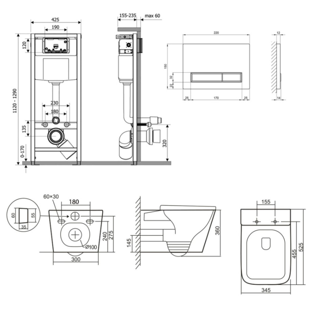 Набор Qtap Nest 4 в 1 подвесной унитаз Tern Ultra Quiet 525x345x360 + комплект установки QT17332303AW47511