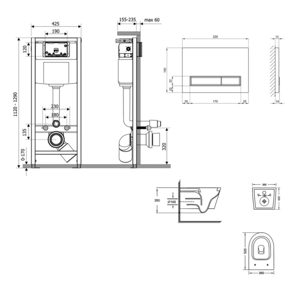 Набор Qtap Nest 4 в 1 подвесной унитаз Jay Ultra Quiet 520x360x320 + комплект установки QT07335175W48180