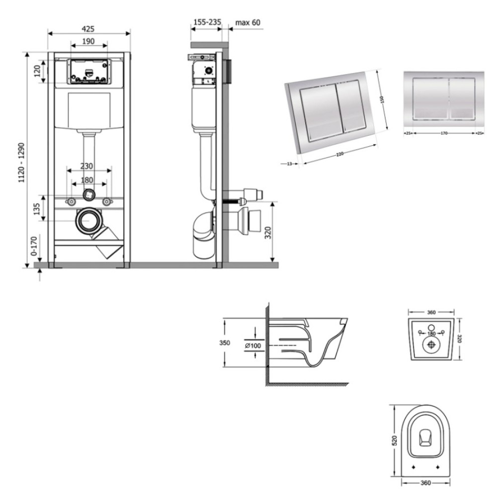 Набір Qtap Nest 4 в 1 підвісний унітаз Jay Ultra Quiet 520x360x320 + комплект інсталяції QT07335175W48186