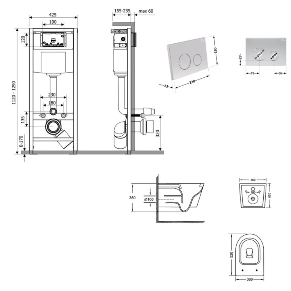 Набір Qtap Nest 4 в 1 підвісний унітаз Jay Ultra Quiet 520x360x320 + комплект інсталяції QT07335175W48189