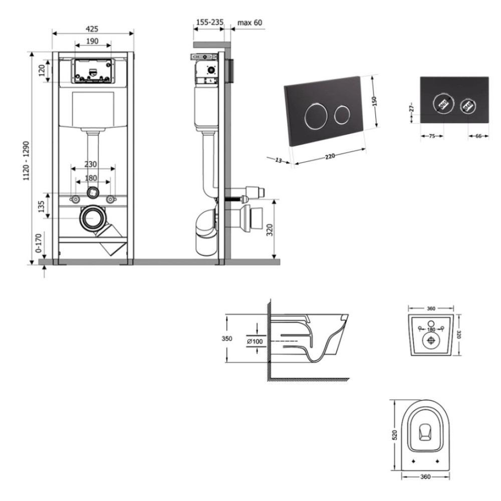 Набір Qtap Nest 4 в 1 для підвісний унітаз Jay Ultra Quiet 520x360x320 + комплект інсталяції QT07335175W48192