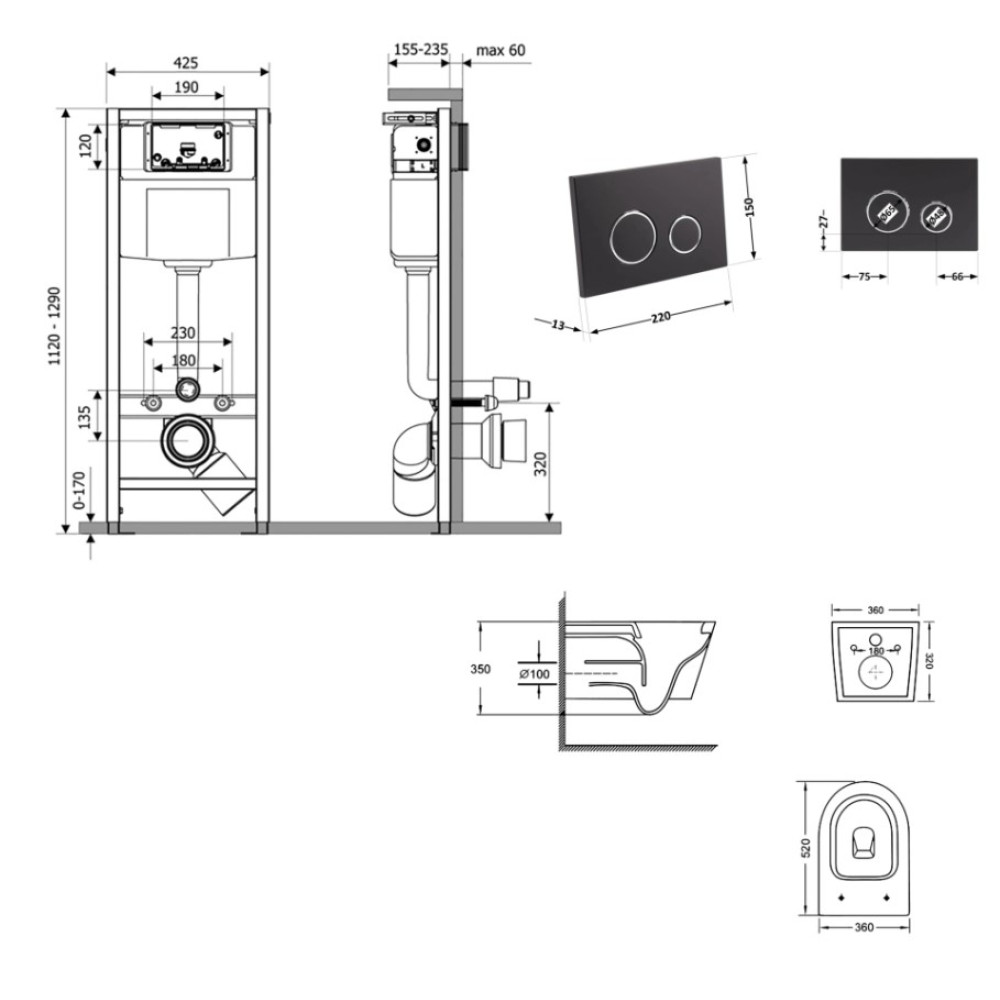 Набор Qtap Nest 4 в 1 подвесной унитаз Swan Ultra Quiet 520x360x320 + комплект установки QT16335180W48194