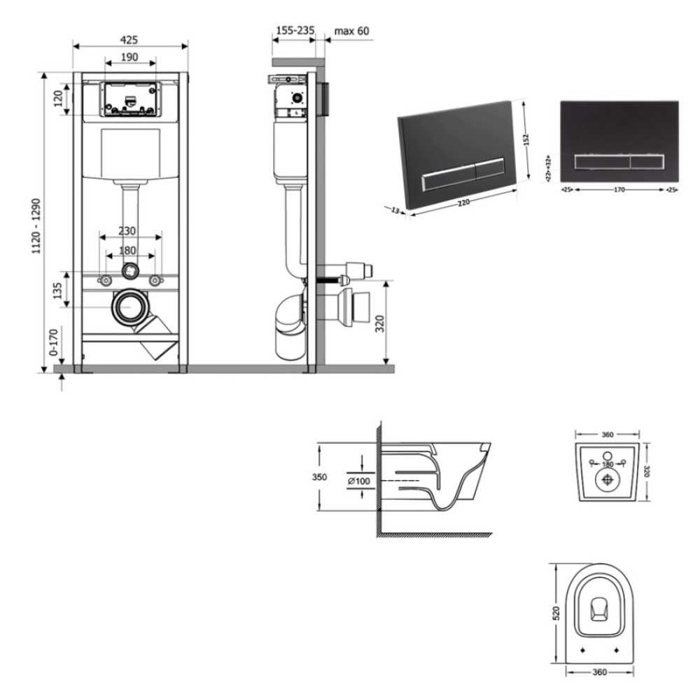 Набір Qtap Nest 4 в 1 підвісний унітаз Jay Ultra Quiet 520x360x320 + комплект інсталяції QT07335175W48195