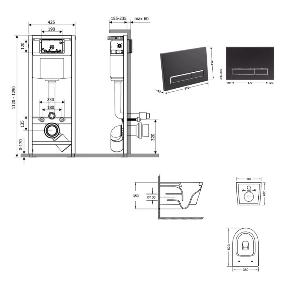 Набір Qtap Nest 4 в 1 підвісний унітаз Swan Ultra Quiet 520x360x320 + комплект інсталяції QT16335180W48197