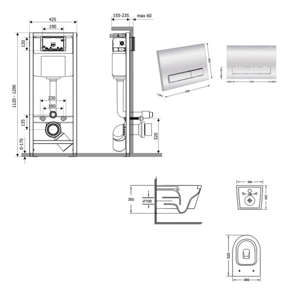 Набор Qtap Nest 4 в 1 подвесной унитаз Jay Ultra Quiet 520x360x320 + комплект установки QT07335175W48198