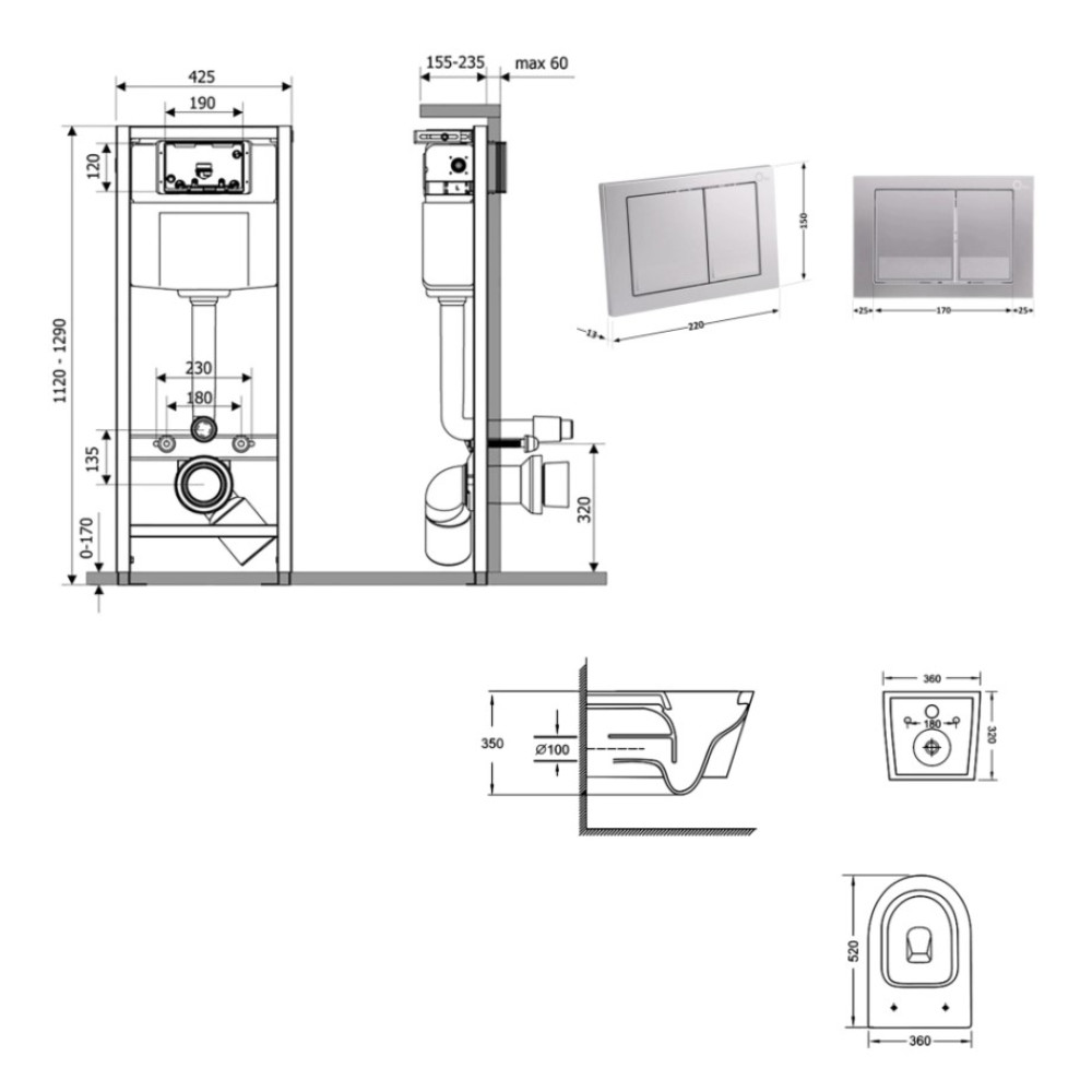 Набор Qtap Nest 4 в 1 подвесной унитаз Jay Ultra Quiet 520x360x320 + комплект установки QT07335175W48204