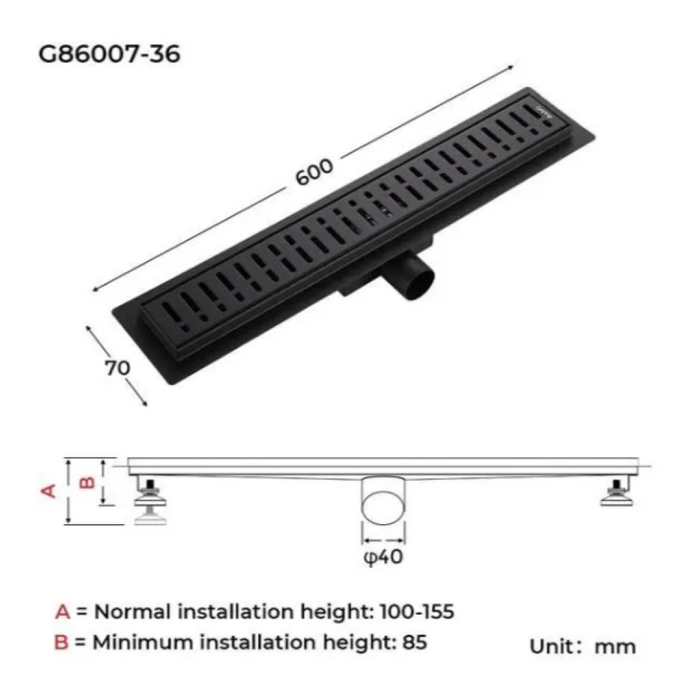 Душевой трап Gappo 70х600 мм, нержавеющая сталь, черный G86007-36