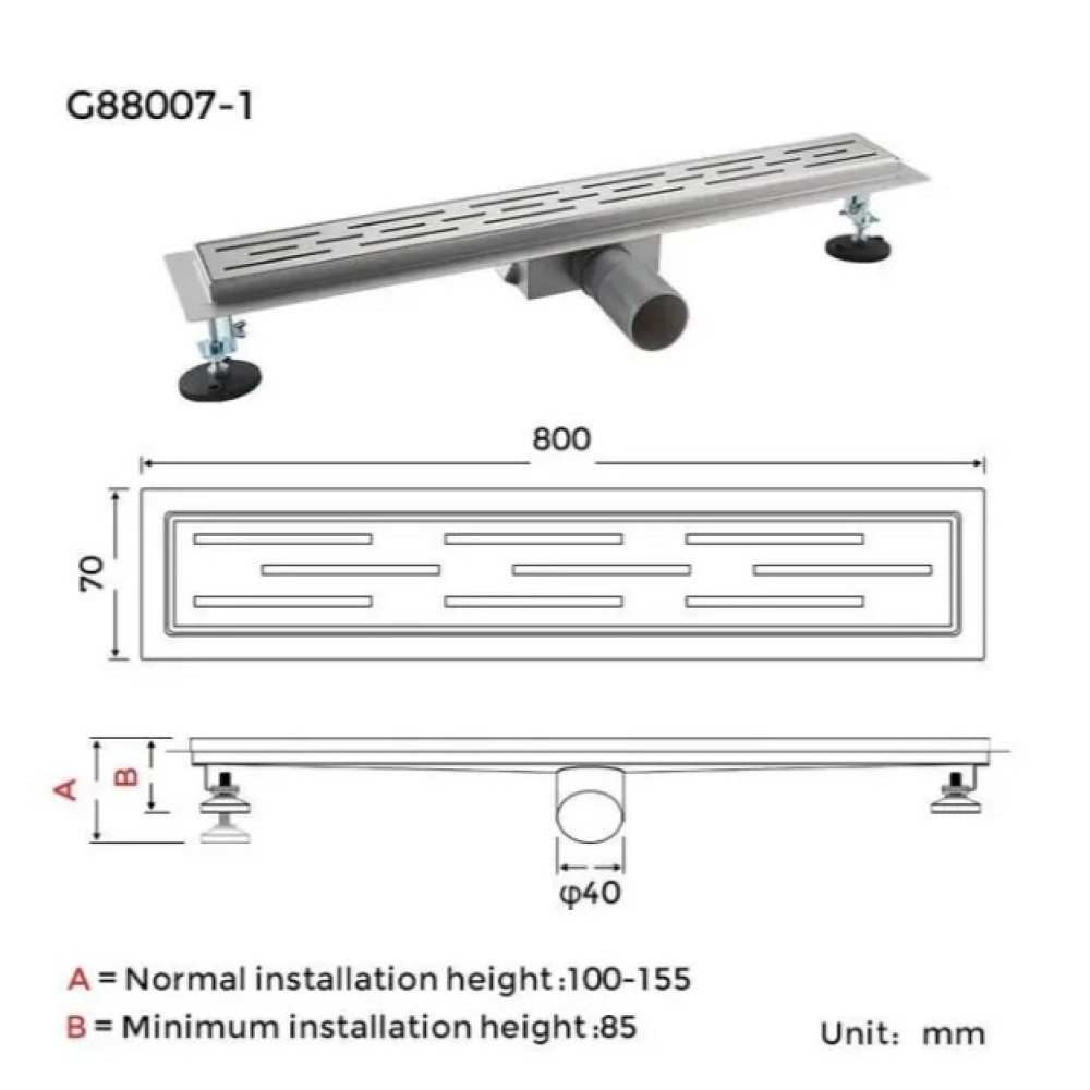 Душовий трап Gappo 70х800 мм, нержавіюча сталь G88007-1