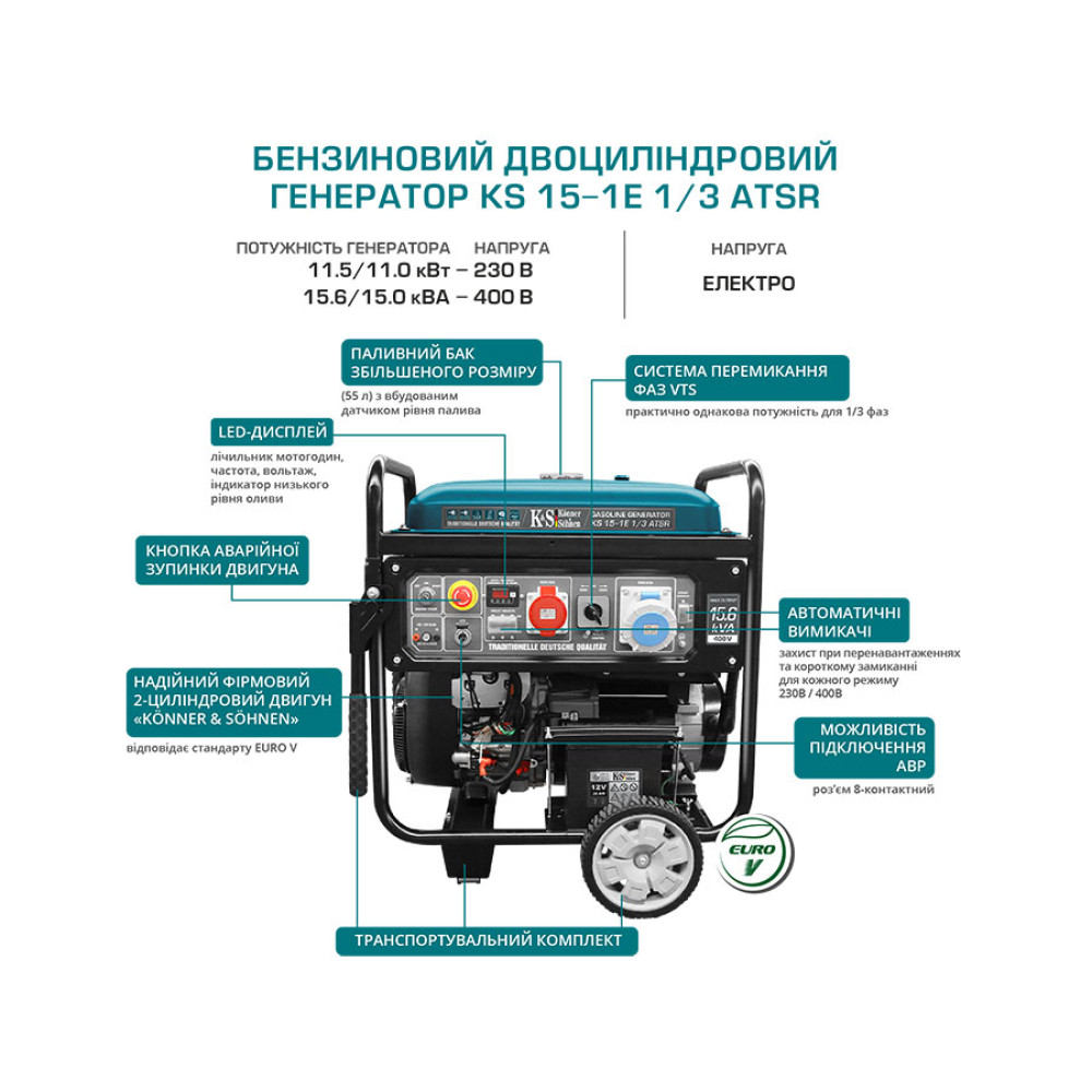Генератор двухцилиндровый бензиновый Konner&Sohnen 15/15.6 кВт KS 15-1E 1/3 ATSR