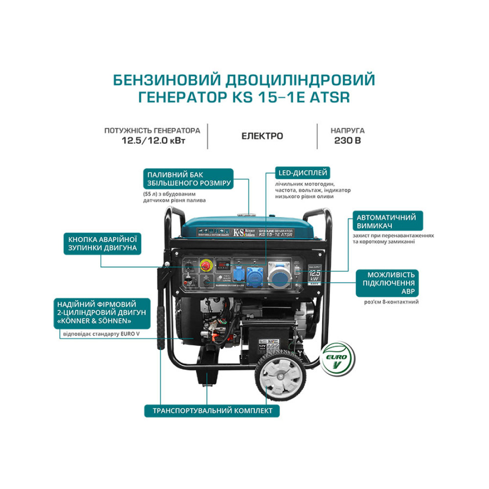 Генератор двоциліндровий бензиновий Konner&Sohnen 12/12.5 кВт KS 15-1E ATSR
