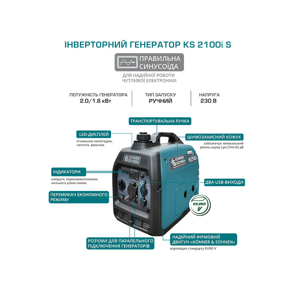 Инверторный генератор Konner&Sohnen 1.8/2 кВт KS 2100i S
