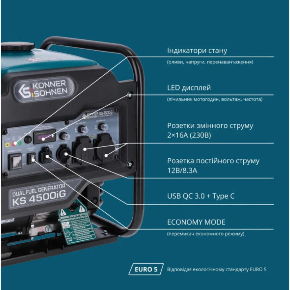 Інверторний генератор газ/бензин Konner&Sohnen 4.2/4.5 кВт KS 4500iG