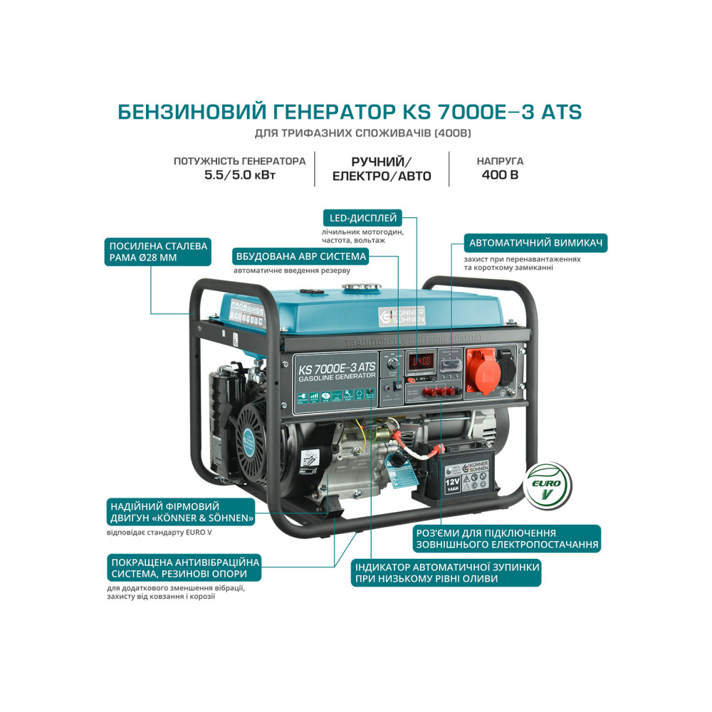 Генератор бензиновый Konner&Sohnen 5/5.5 кВт KS 7000E-3 ATS