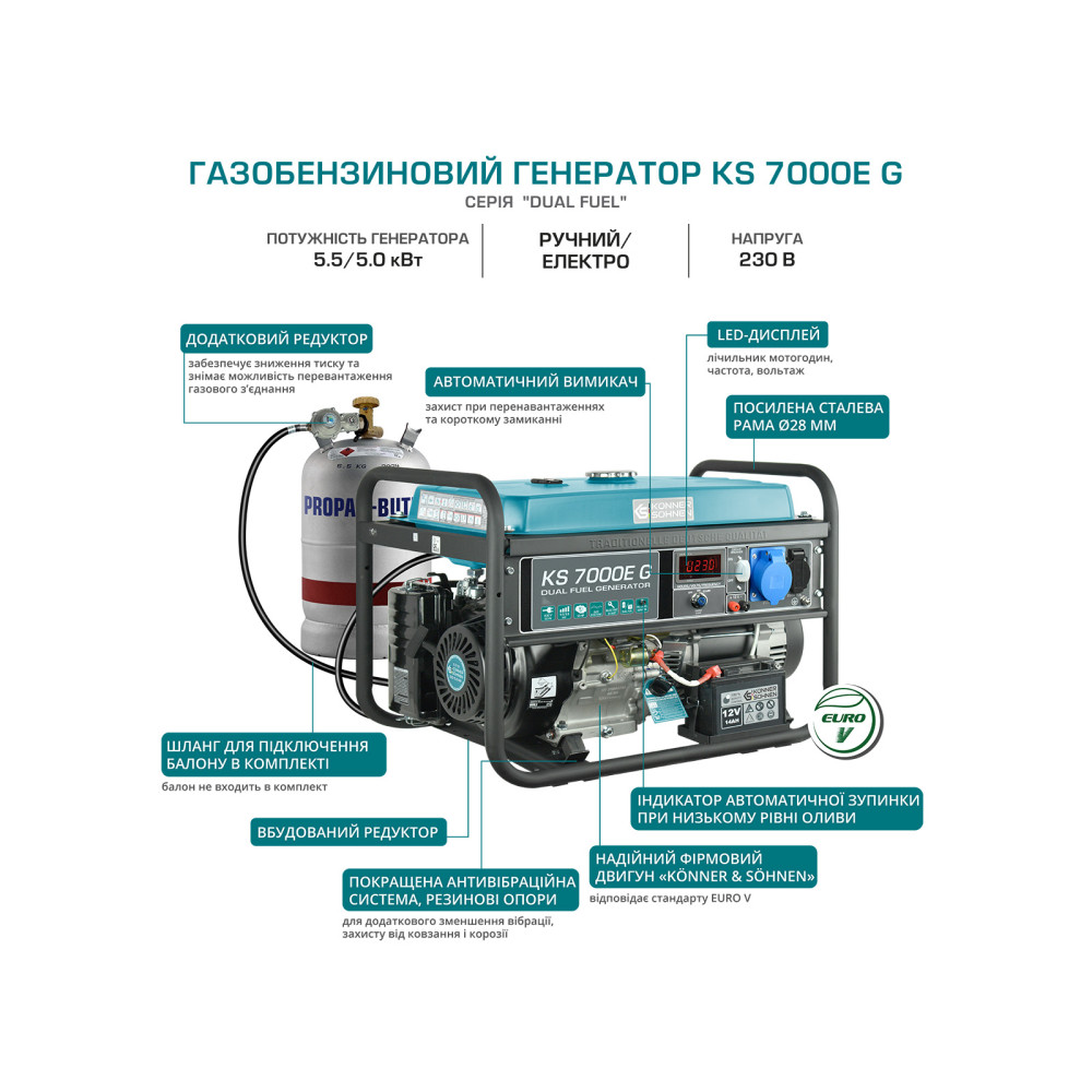 Генератор бензиновий газ/бензин Konner&Sohnen 5/5.5 кВт KS 7000E G