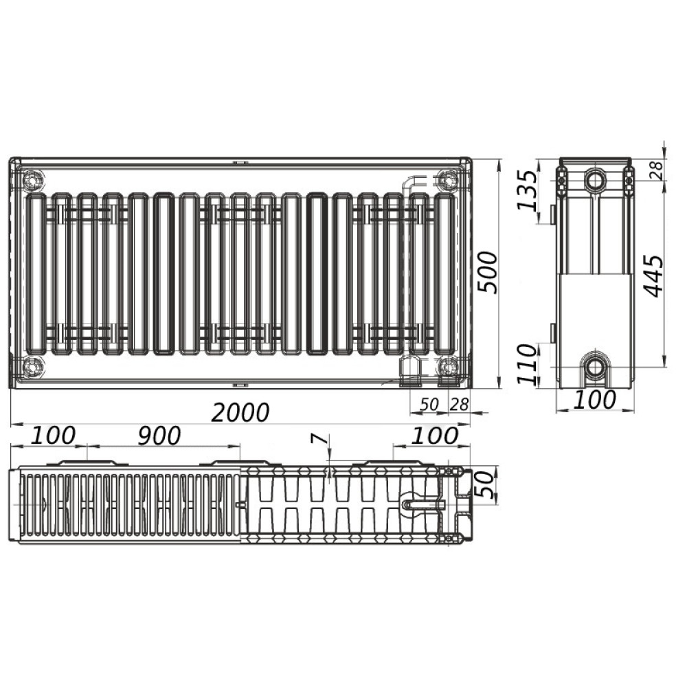 Радіатор сталевий KALITE 22 тип 500x2000 мм нижнє підключення (23248)