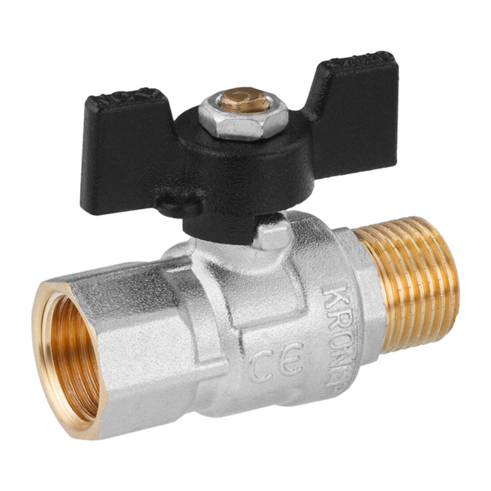 Кран кульовий Kroner 1/2" ВЗ PN40 метелик, нікельований (CV033207)