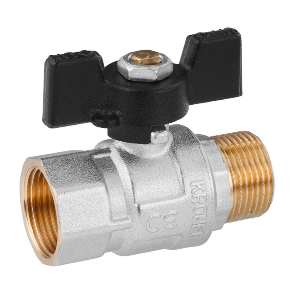 Кран шаровый Kroner 3/4" ВН PN40 бабочка, никелированная (CV033210)