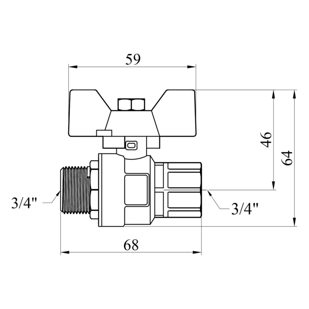 Кран шаровый Kroner 3/4" ВН PN40 бабочка, никелированная (CV033210)