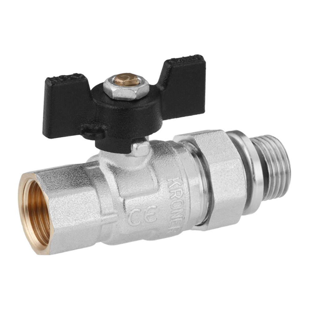 Кран-американка шаровая прямая Kroner 1/2" ВН PN40 бабочка, никелированная (CV033220)