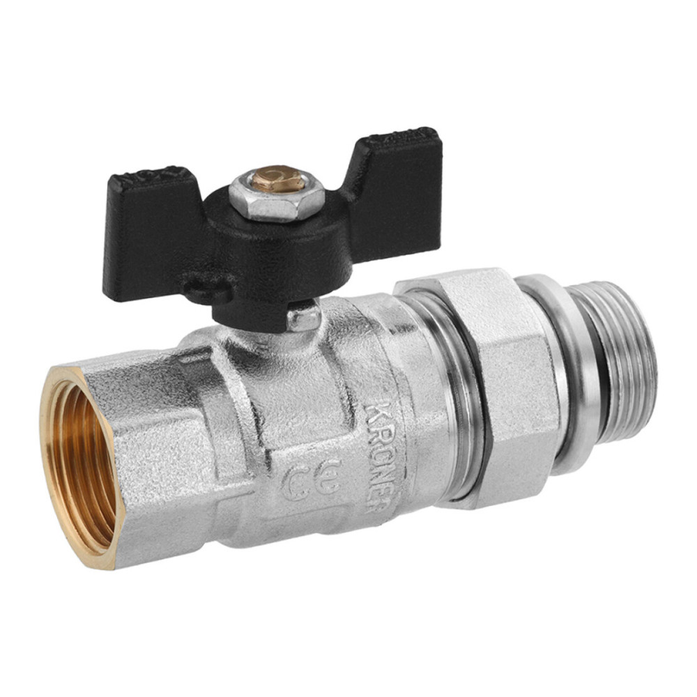 Кран-американка шаровая прямая Kroner 3/4" ВН PN40 бабочка, никелированная (CV033221)