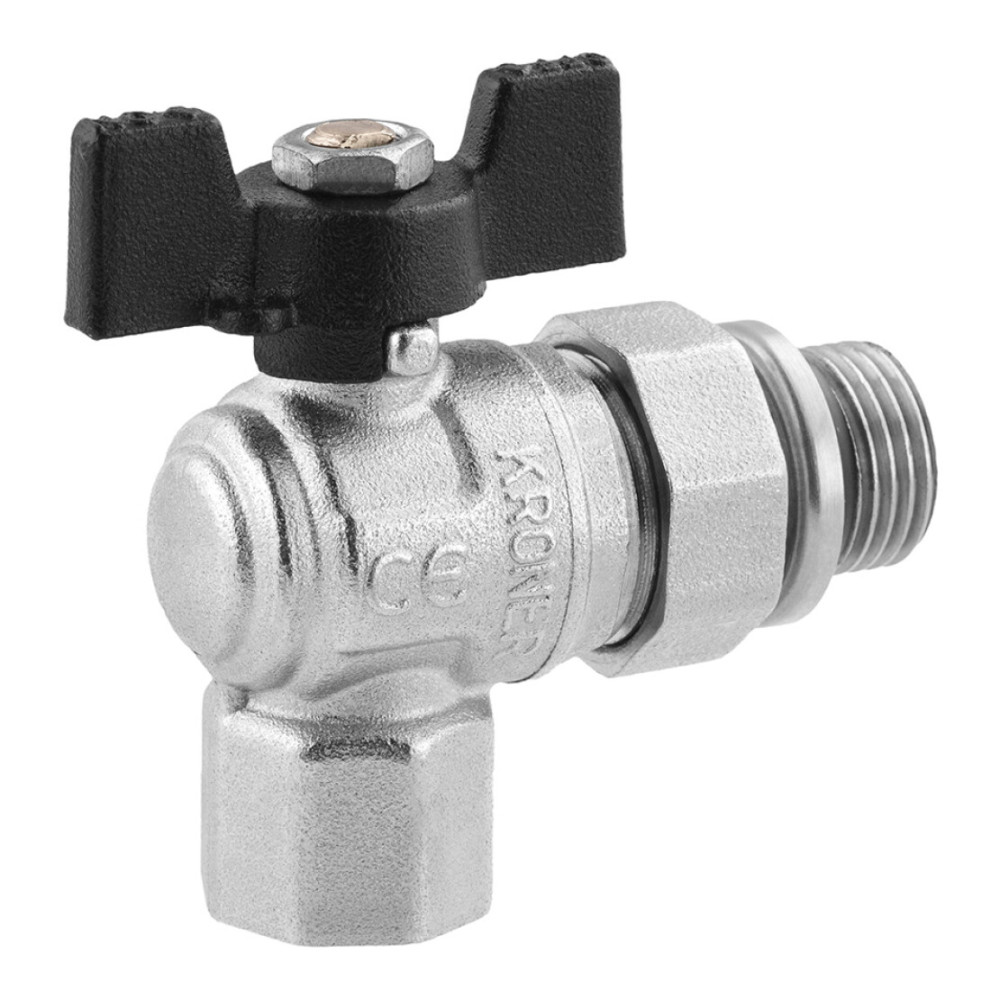 Кран-американка шаровая угловая Kroner 1/2" ВН PN40 бабочка, никелированная (CV033223)