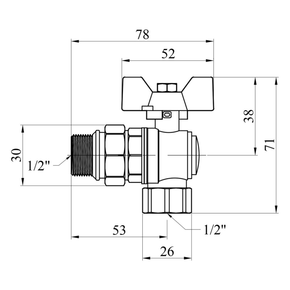 Кран-американка шаровая угловая Kroner 1/2" ВН PN40 бабочка, никелированная (CV033223)