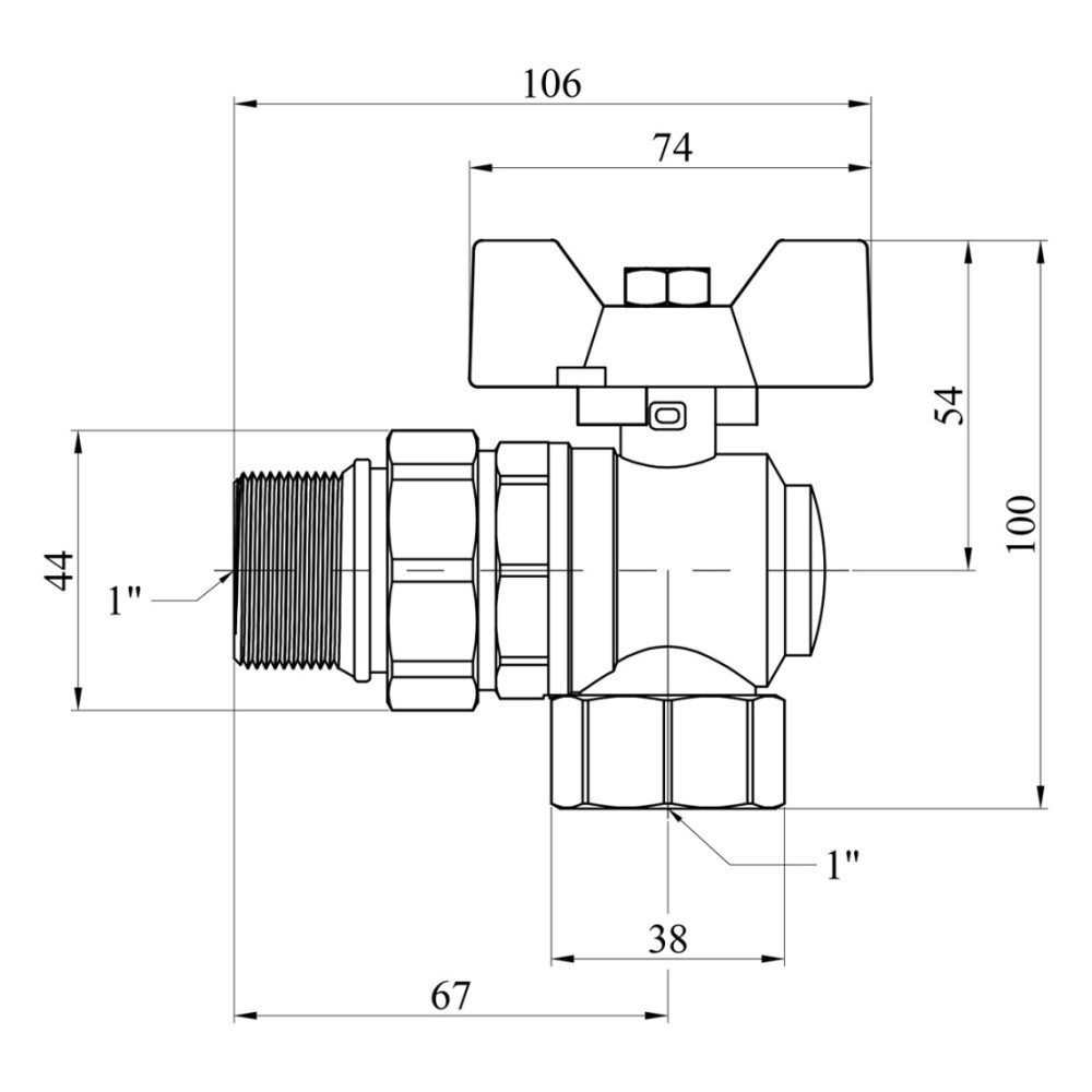 Кран-американка кульовий кутовий Kroner 1" ВЗ PN40 метелик, нікельований (CV033225)